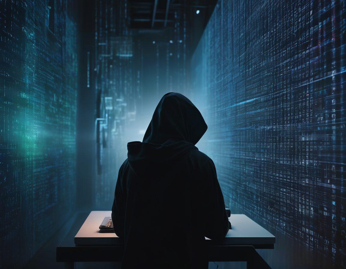 A mysterious figure cloaked in shadows, sitting at a computer with a digital mask reflecting a world of coded numbers and digital walls. Surround them with symbols of online privacy like locks, shields, and VPN icons, merging seamlessly into a dark, intricate network background. Incorporate a sense of depth with glowing cables and a glowing matrix effect to evoke a tech-savvy atmosphere. cyberpunk. super-realistic. vibrant colors. dark background.