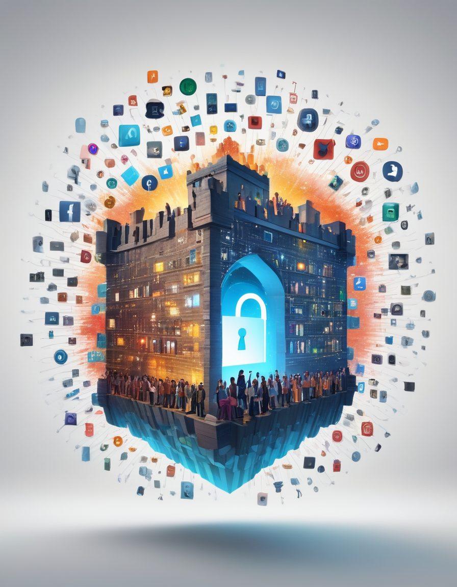 A digital fortress representing online privacy, with a glowing lock symbol at its center, surrounded by diverse individuals celebrating their secure digital lives. Include elements like encrypted data streams, shield icons, and vibrant visuals of various social media platforms in the background. The atmosphere should convey empowerment and safety in a connected world. super-realistic. vibrant colors. white background.