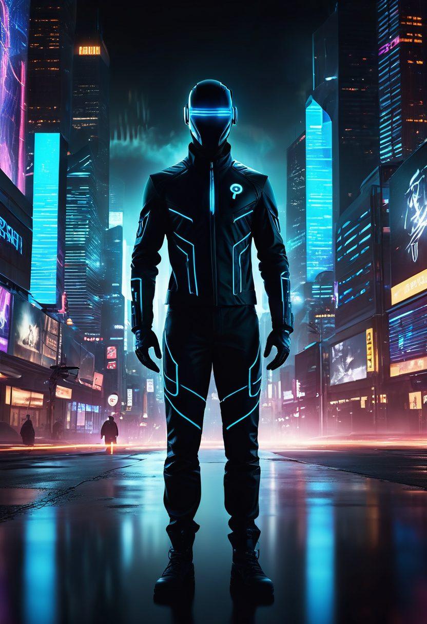 A sleek, shadowy figure in a digital landscape, clad in a high-tech stealth suit, surrounded by glowing data streams and encrypted symbols. Overlayed with a translucent VPN shield, emphasizing internet confidentiality. The background should depict a futuristic cityscape shrouded in mist, representing anonymity online. The color palette should include deep blues and blacks with striking neon accents. cyberpunk, super-realistic, vibrant colors.